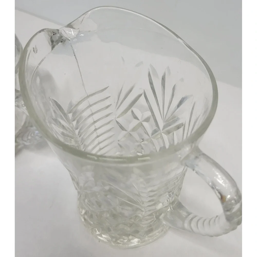 Vintage Clear Pressed Glass Creamer and‎ Lidded Sugar Bowl Set Sunburst Diamond